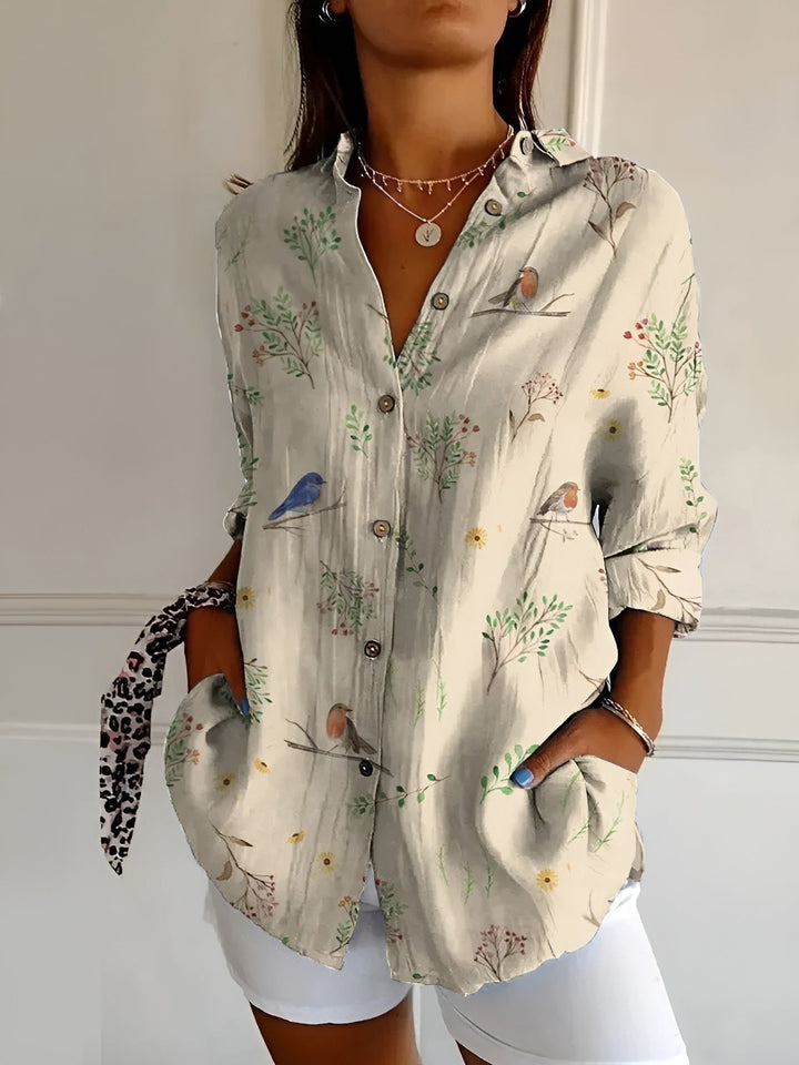 Dames Speelse Linnen Blouse in Vögel