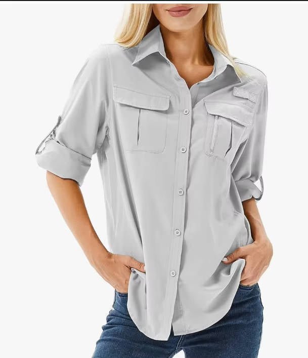 Dames Trekking-Blouse met UV-Bescherming in Lichtgrijs