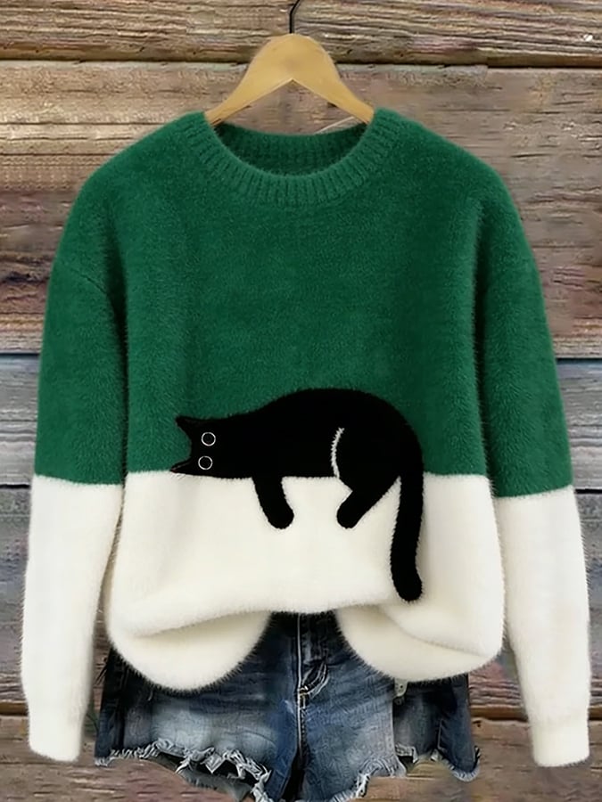 Dames Trui Casual met Speels Kattenprint in Groen