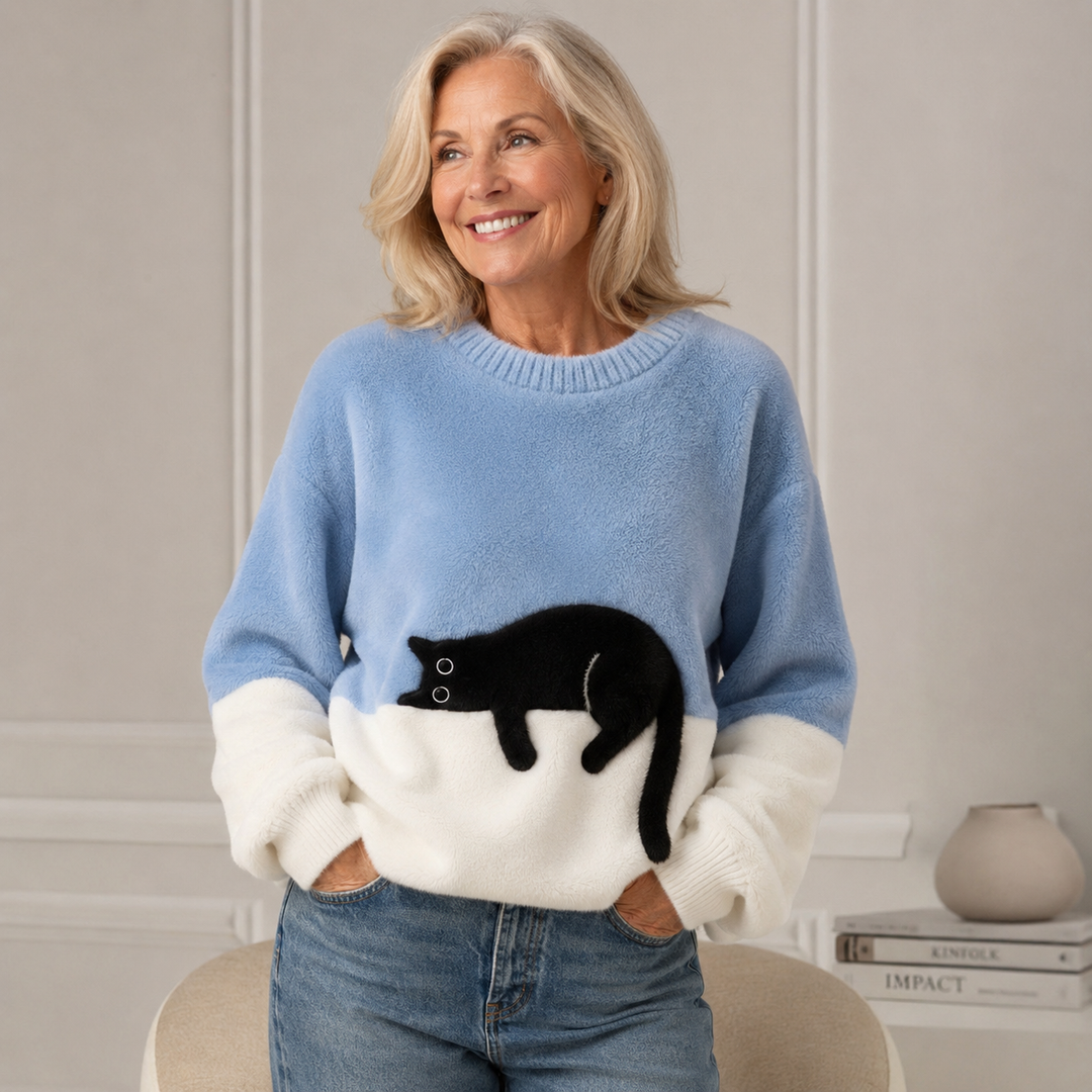 Dames Trui Casual met Speels Kattenprint in Lichtblauw