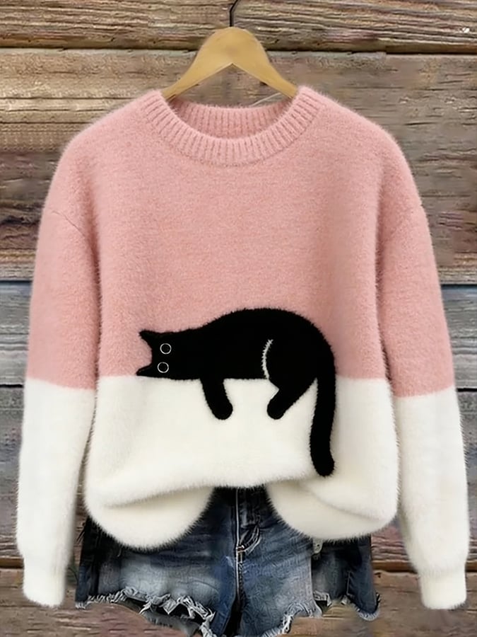 Dames Trui Casual met Speels Kattenprint in Roze