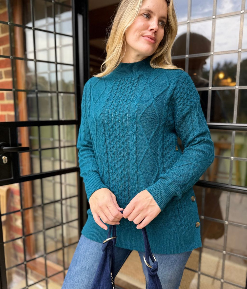 Dames Trui in Teal met Kabelstructuur in Petrol 2
