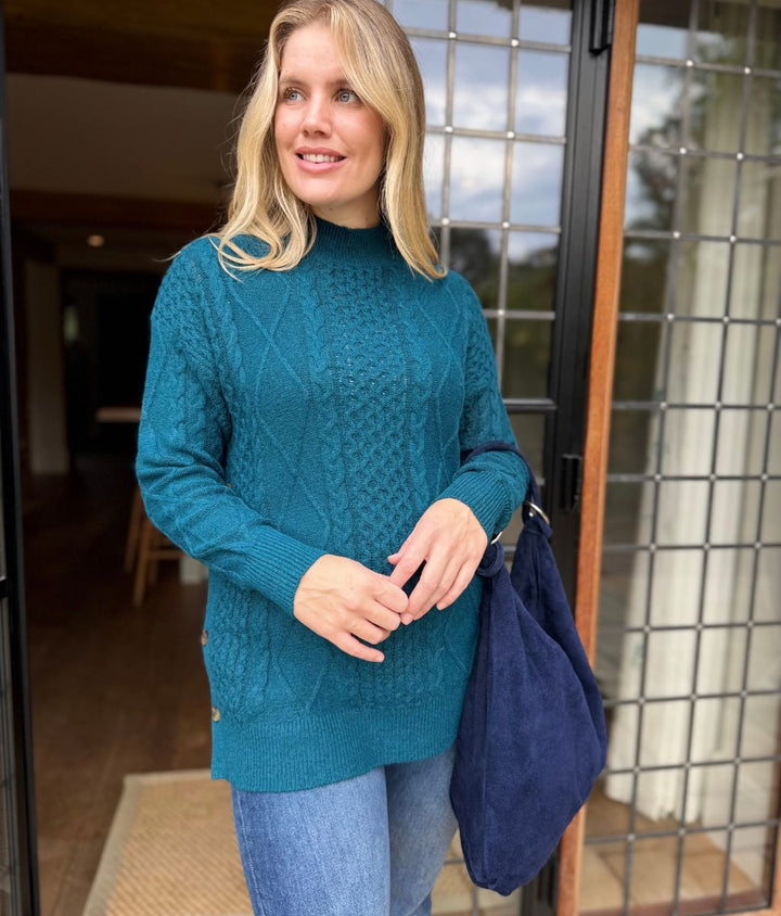 Dames Trui in Teal met Kabelstructuur in Petrol 4