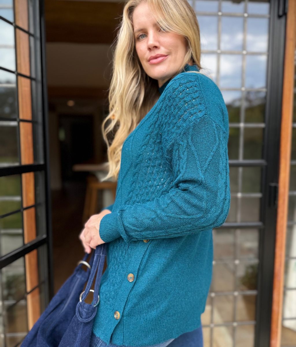 Dames Trui in Teal met Kabelstructuur in Petrol 5