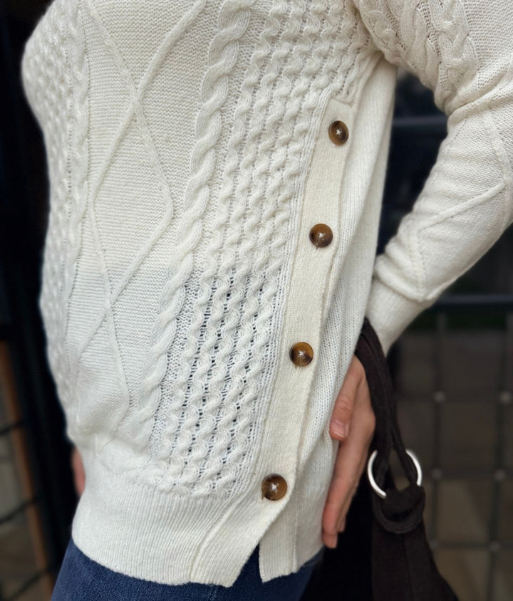 Dames Trui Ivoor Kabel Longline in Crème 2