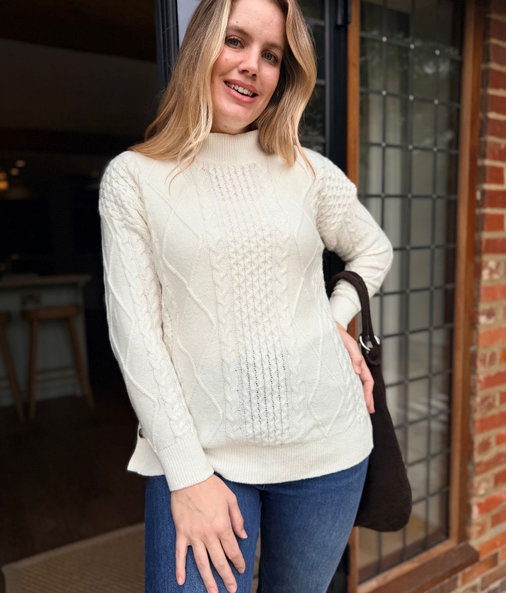Dames Trui Ivoor Kabel Longline in Crème 5