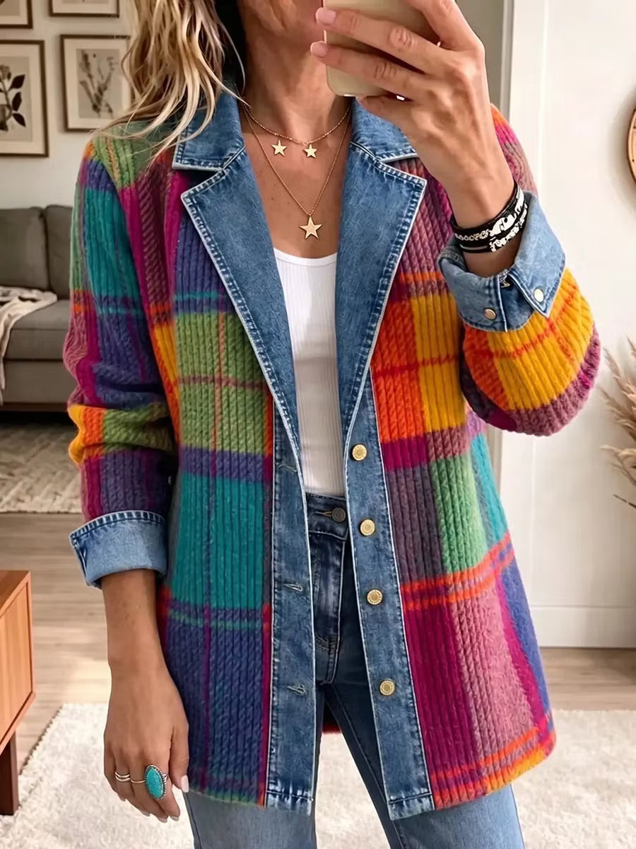 Dames trui met denim accenten en ruiten in Meerkleurig