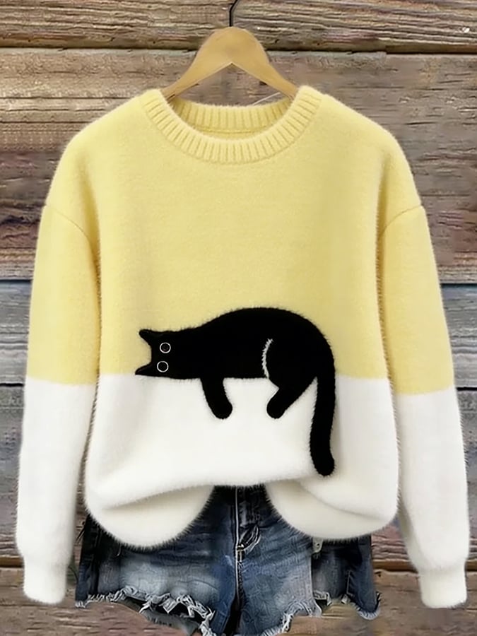 Dames Trui met Kattenprint Casual in Geel