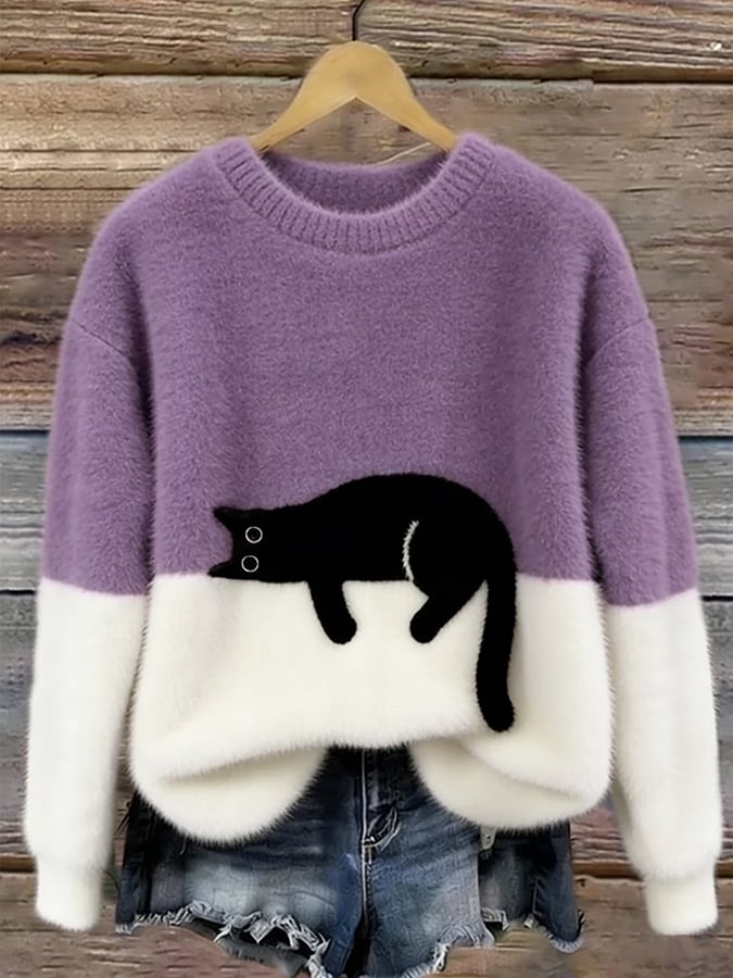 Dames Trui met Kattenprint Casual in Paars