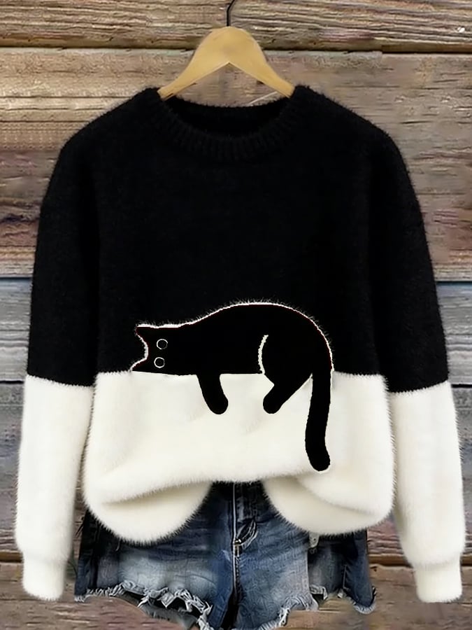 Dames Trui met Kattenprint Casual in Zwart