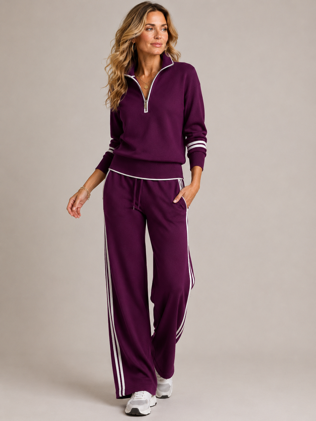 Dames Trui Set met Wijde Broek in Paars