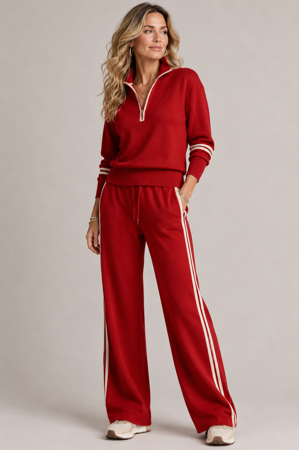 Dames Trui Set met Wijde Broek in Rood