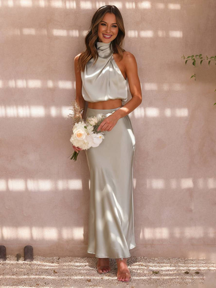 Dames tweedelige maxi-jurk voor bruiloftsgasten in Pastel green 1