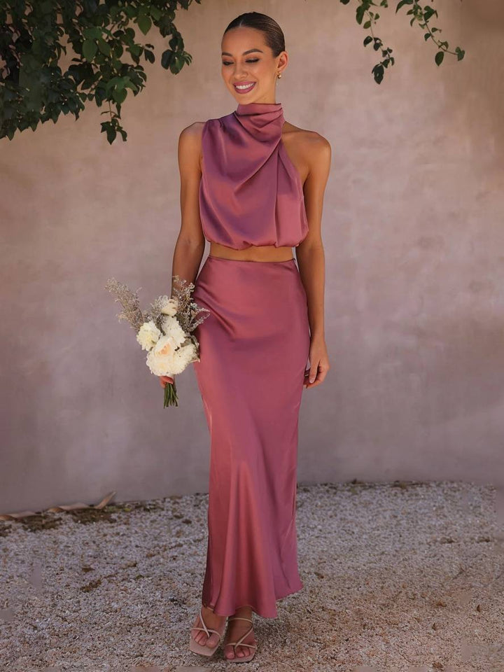 Dames tweedelige maxi-jurk voor bruiloftsgasten in Raspberry