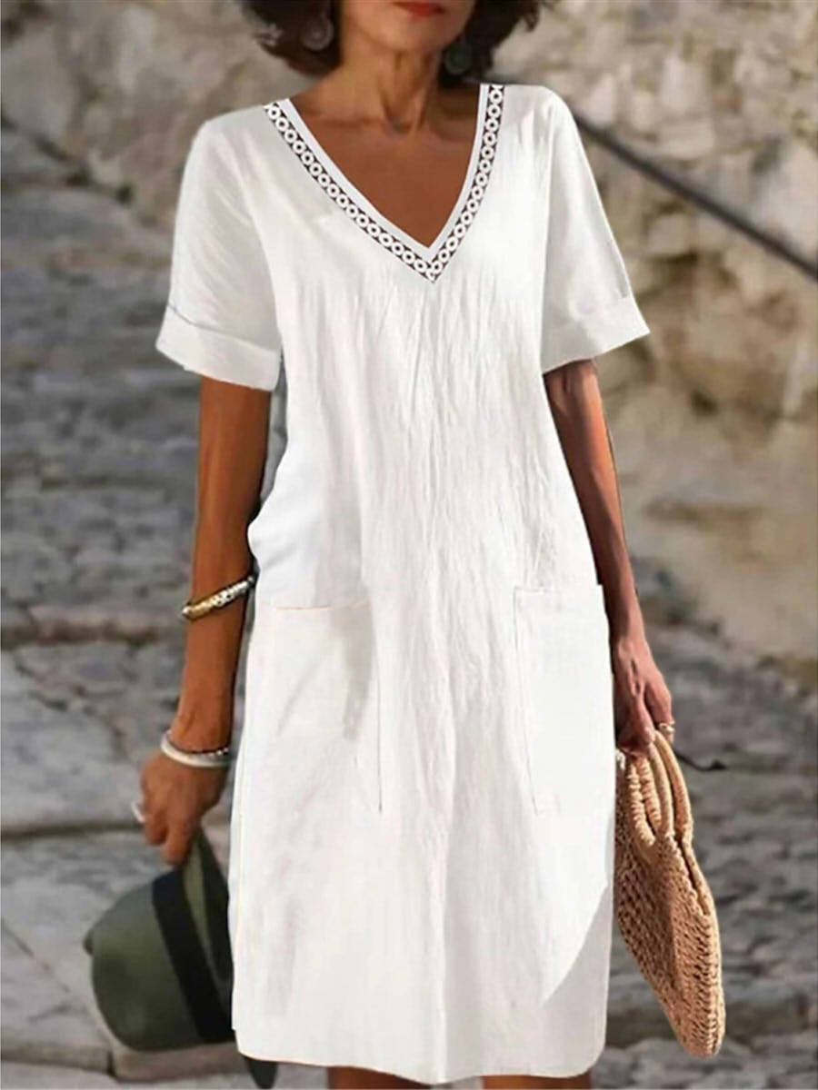 Dames V-hals midi zomerjurk met korte mouwen in Wit