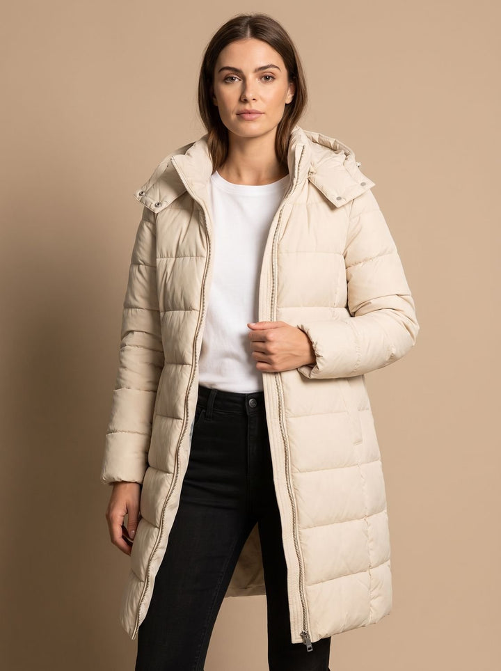 Dames winterjas gestepte lange capuchon in Beige