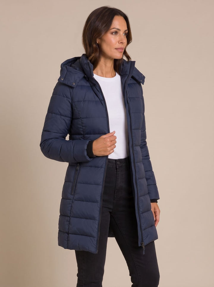 Dames winterjas gestepte lange capuchon in Marineblauw 1