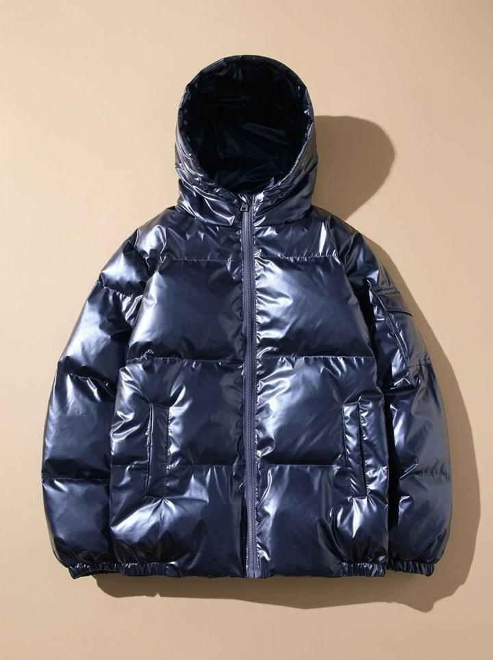 Dames Winterjas Glanzend Gewatteerd Veelzijdig in Hooded Blue