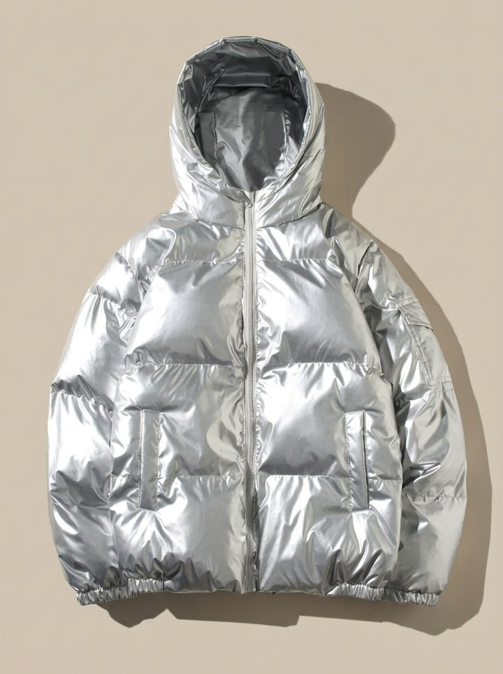 Dames Winterjas Glanzend Gewatteerd Veelzijdig in Hooded Silver