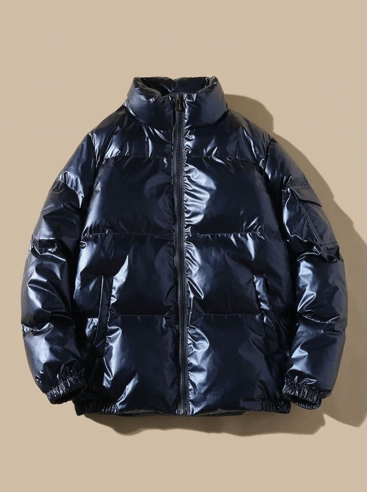 Dames Winterjas Glanzend Gewatteerd Veelzijdig in Stand Collar Blue