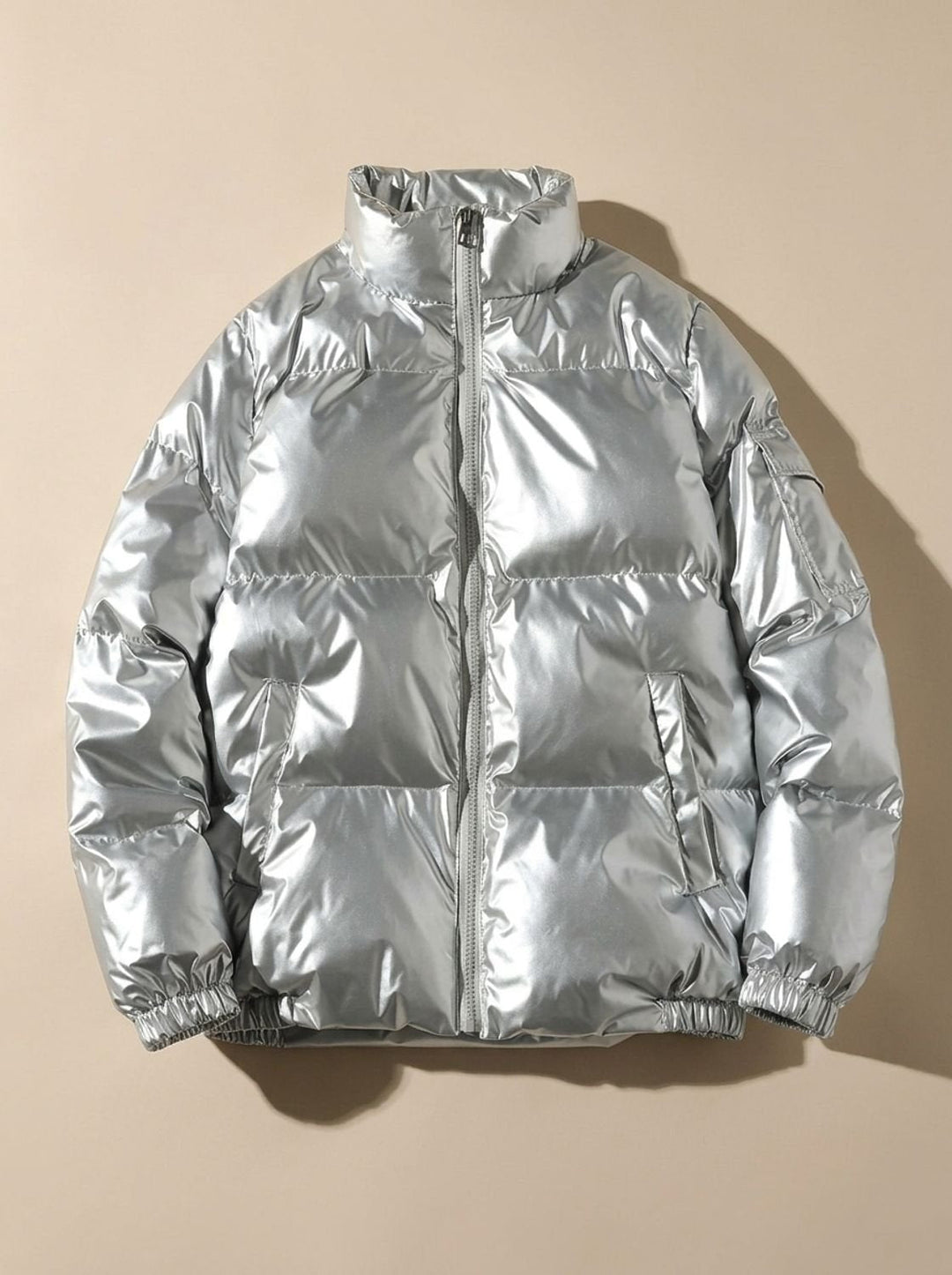 Dames Winterjas Glanzend Gewatteerd Veelzijdig in Stand Collar Silver