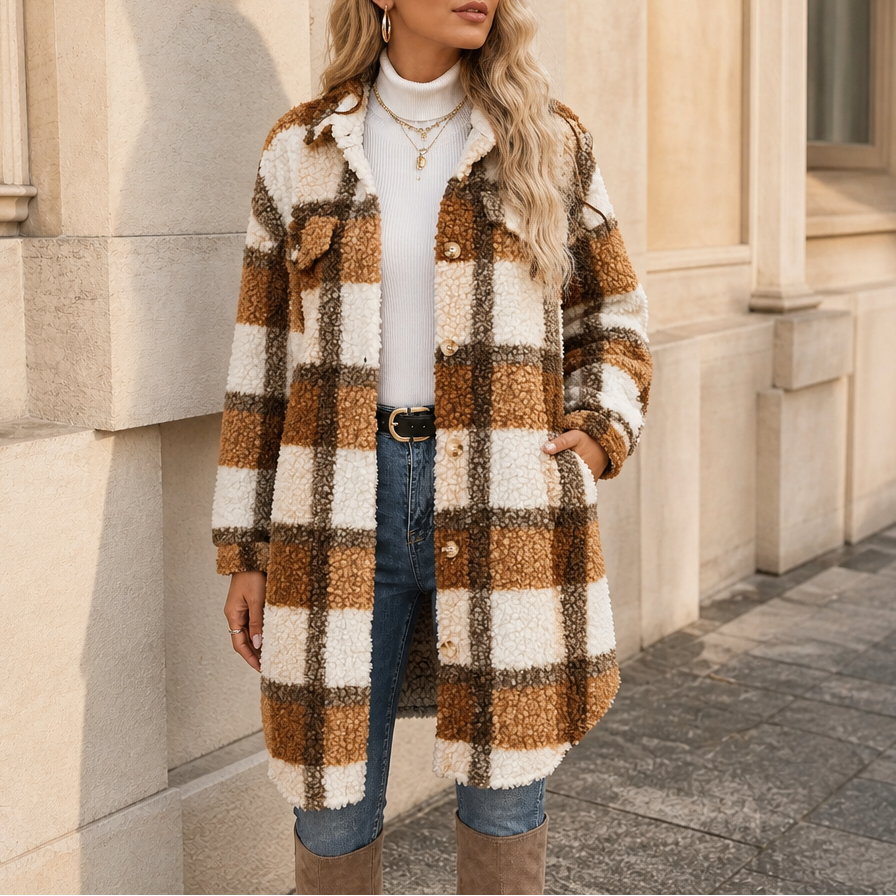 Dames winterjas in karopatroon met sherpa-fleece (12)
