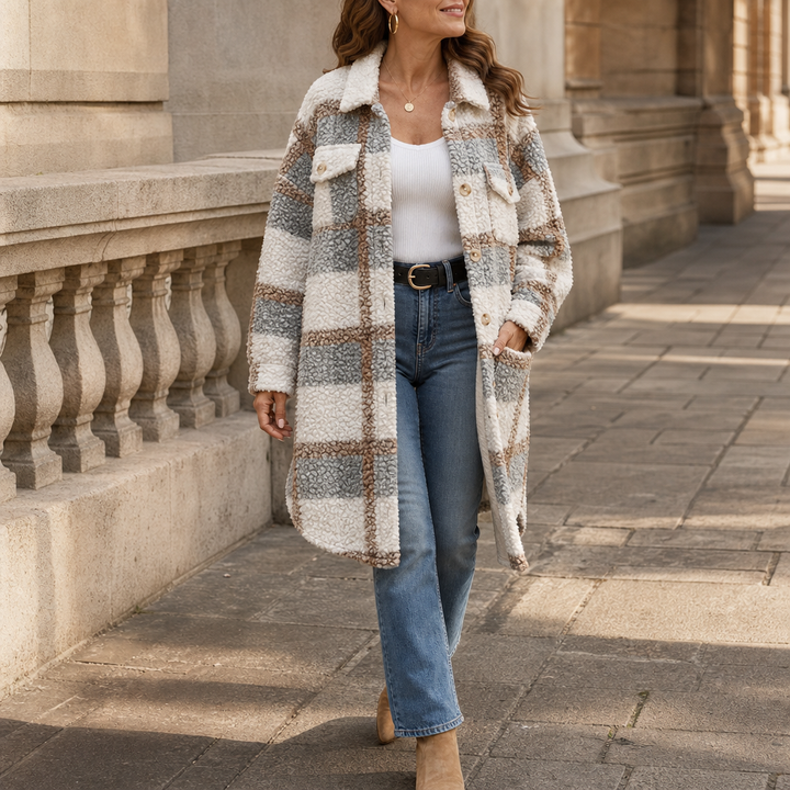 Dames winterjas in karopatroon met sherpa-fleece (4)