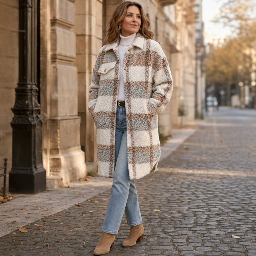 Dames winterjas in karopatroon met sherpa-fleece (5)