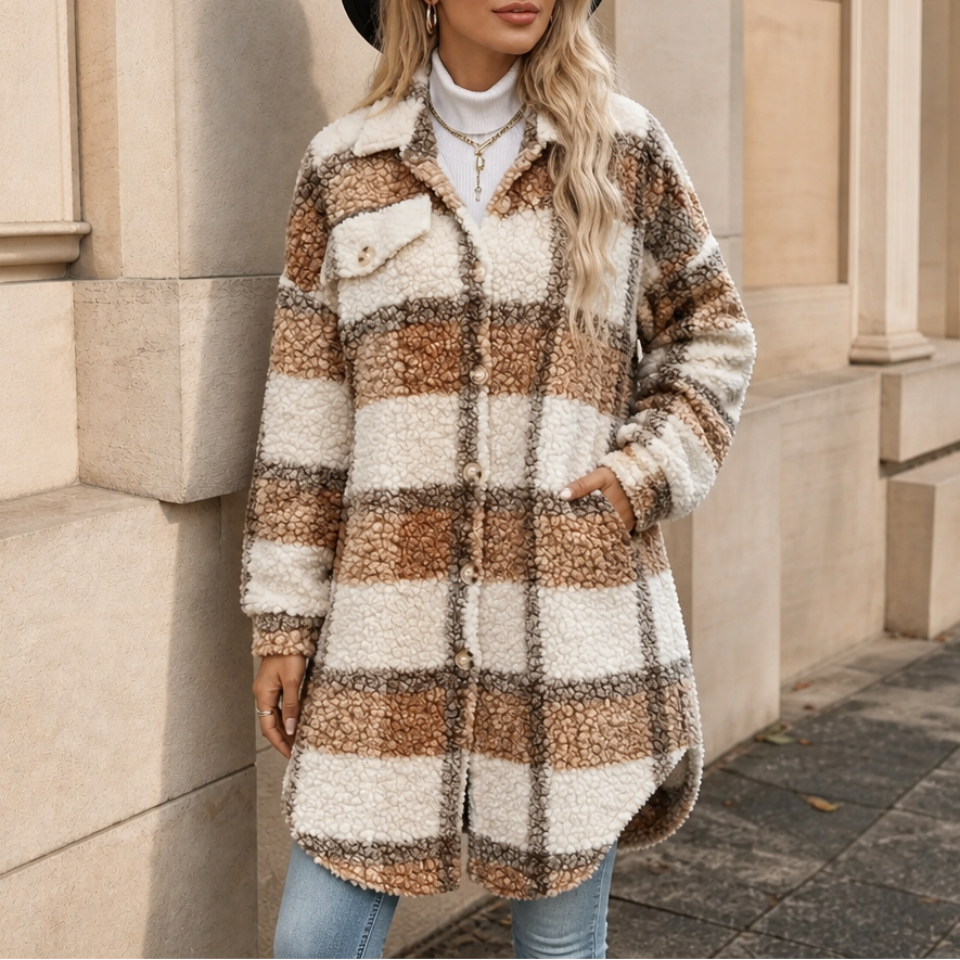 Dames winterjas in karopatroon met sherpa-fleece in Donkerbruin