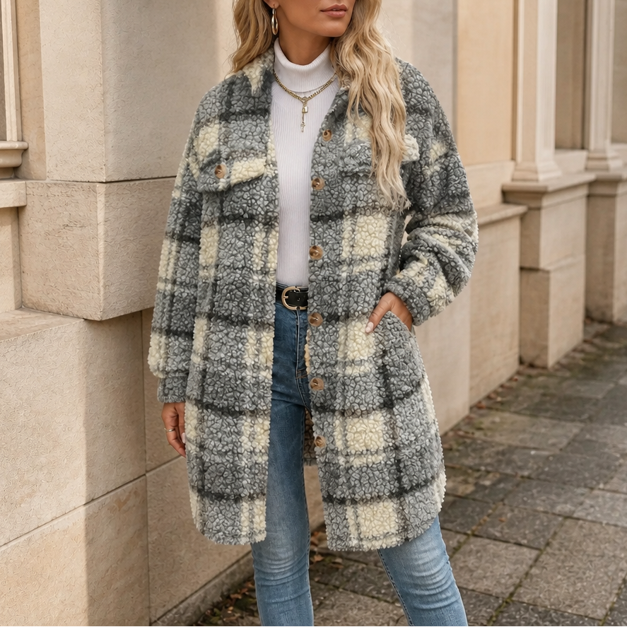 Dames winterjas in karopatroon met sherpa-fleece in Donkergrijs
