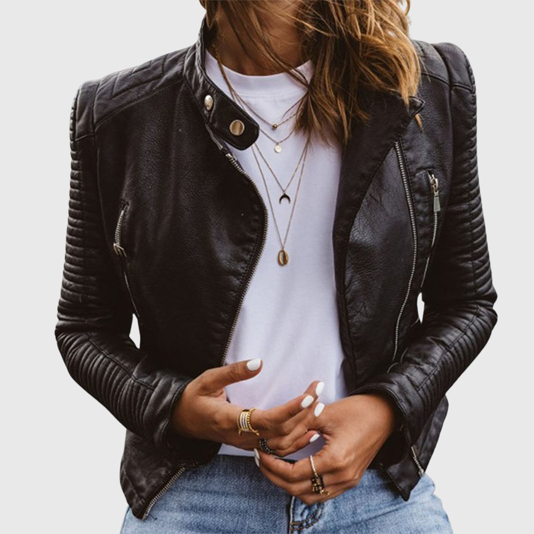 Dames winterjas in leder met moto-stijl