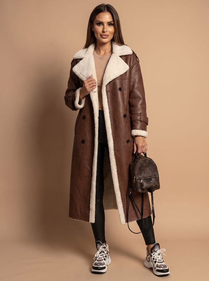 Dames winterjas in trenchstijl met wollen voering in Bruin