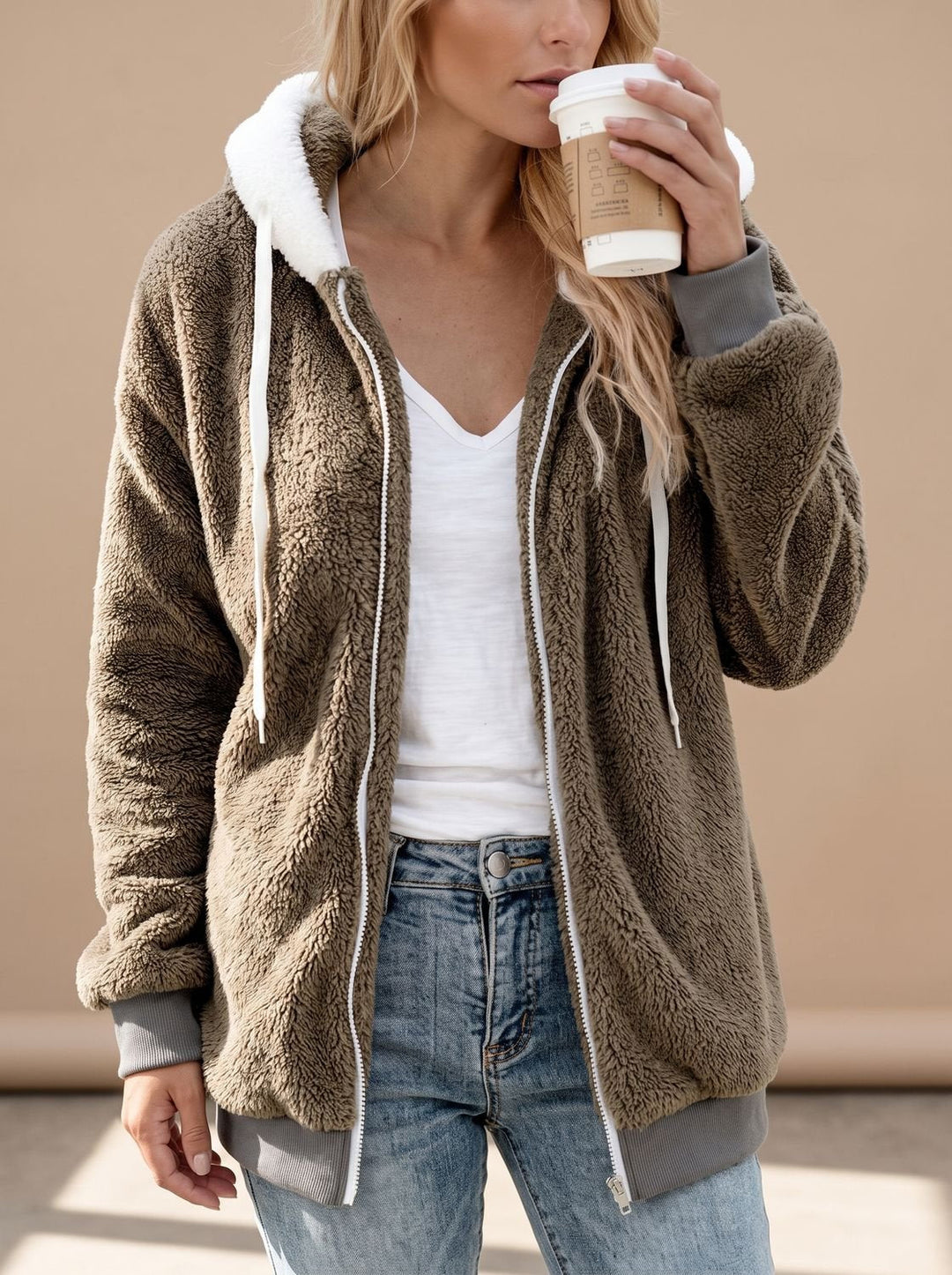 Dames Winterjas Oversized Pluche met Capuchon in Khaki