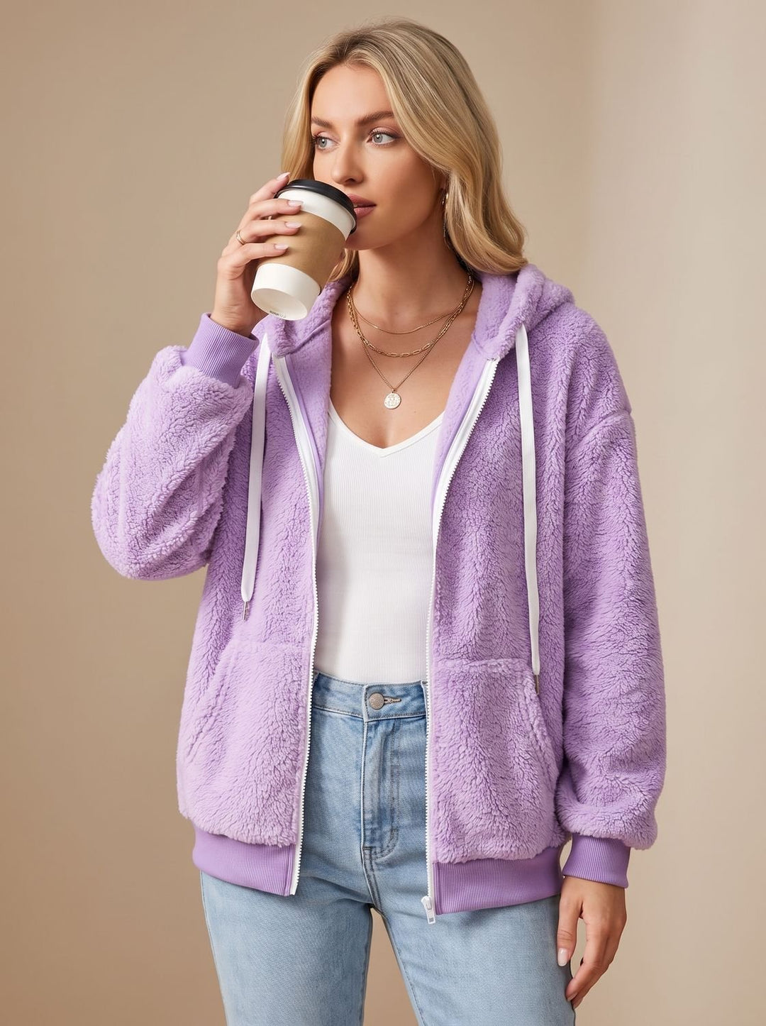 Dames Winterjas Oversized Pluche met Capuchon in Paars