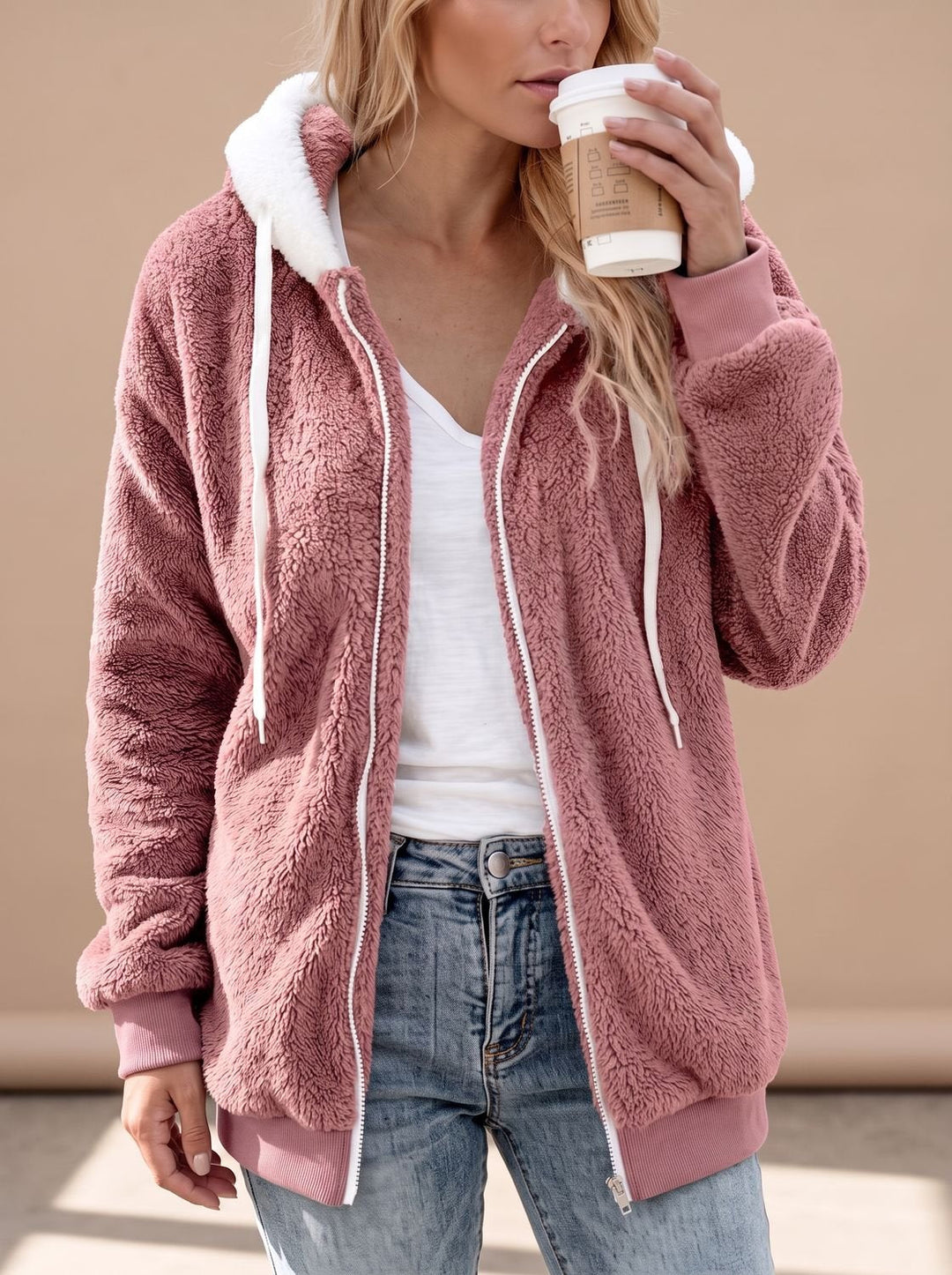 Dames Winterjas Oversized Pluche met Capuchon in Roze