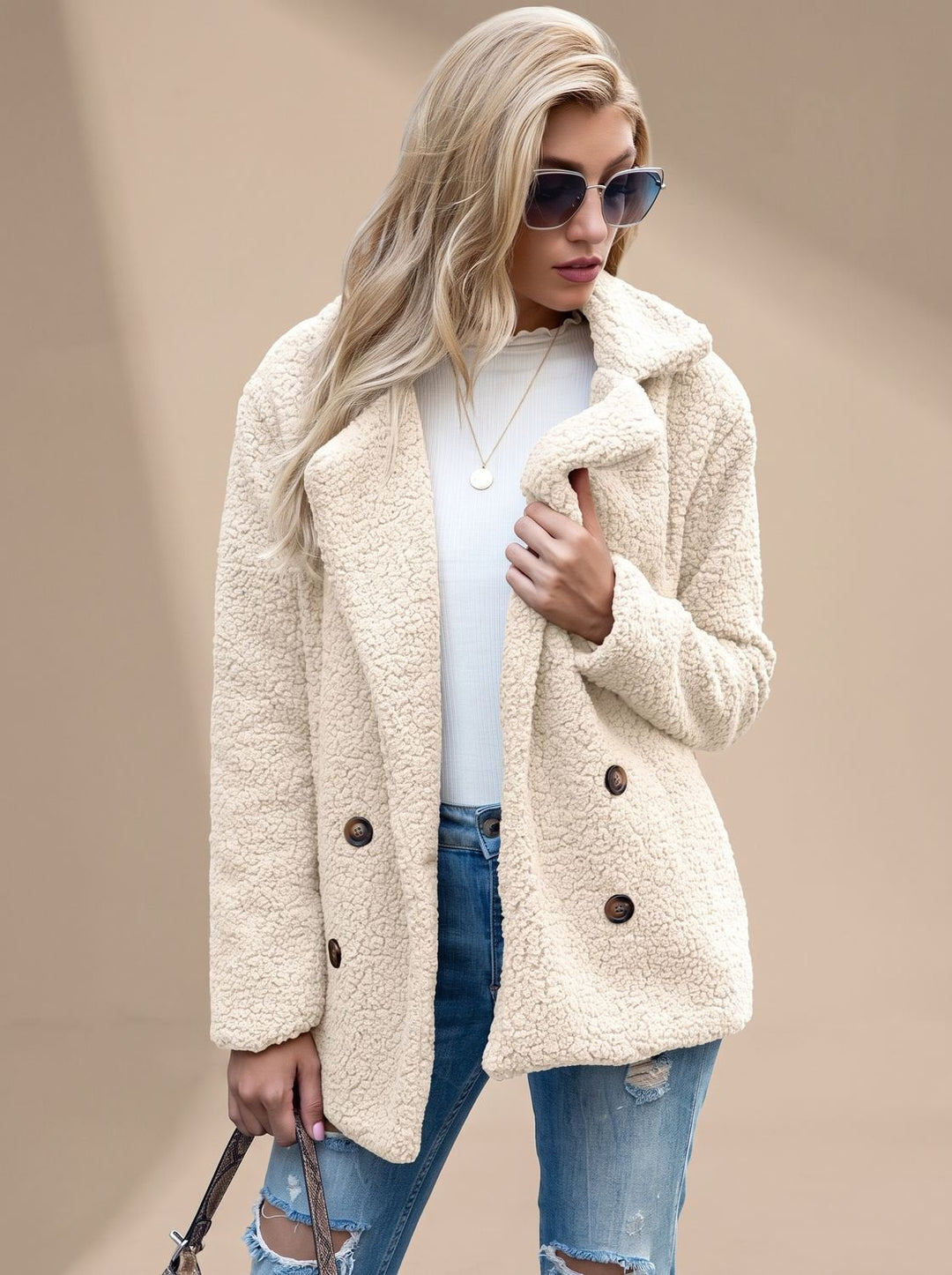 Dames Winterjas Pluche in Klassieke Snit in Beige