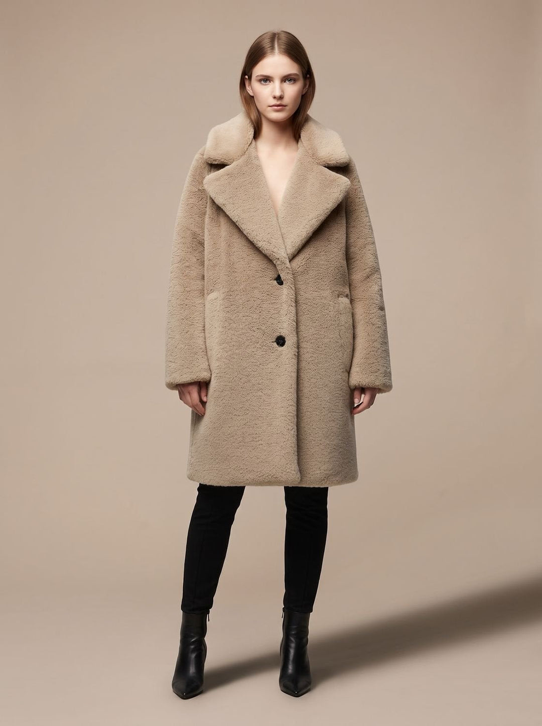 Dames Winterjas Pluizige Teddy Midi in Bruin
