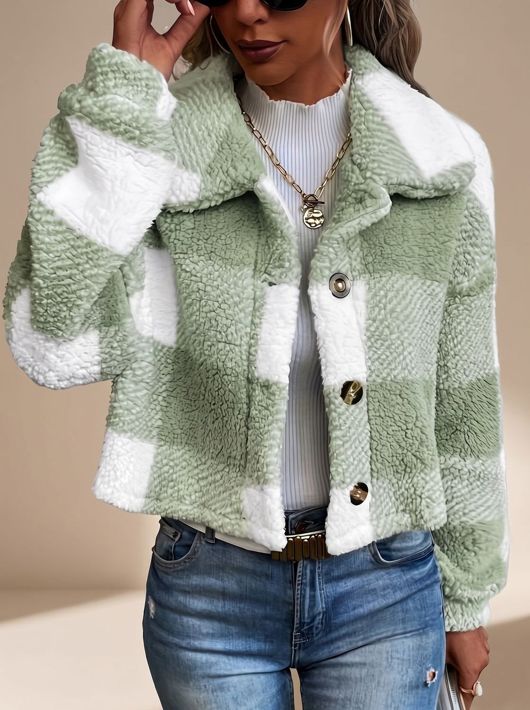Dames Winterjas Teddy Geblokt Cropped