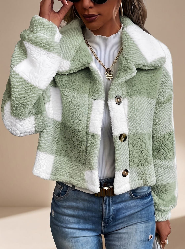 Dames Winterjas Teddy Geblokt Cropped