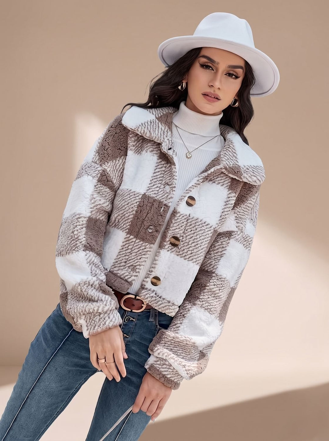 Dames Winterjas Teddy Geblokt Cropped (10)