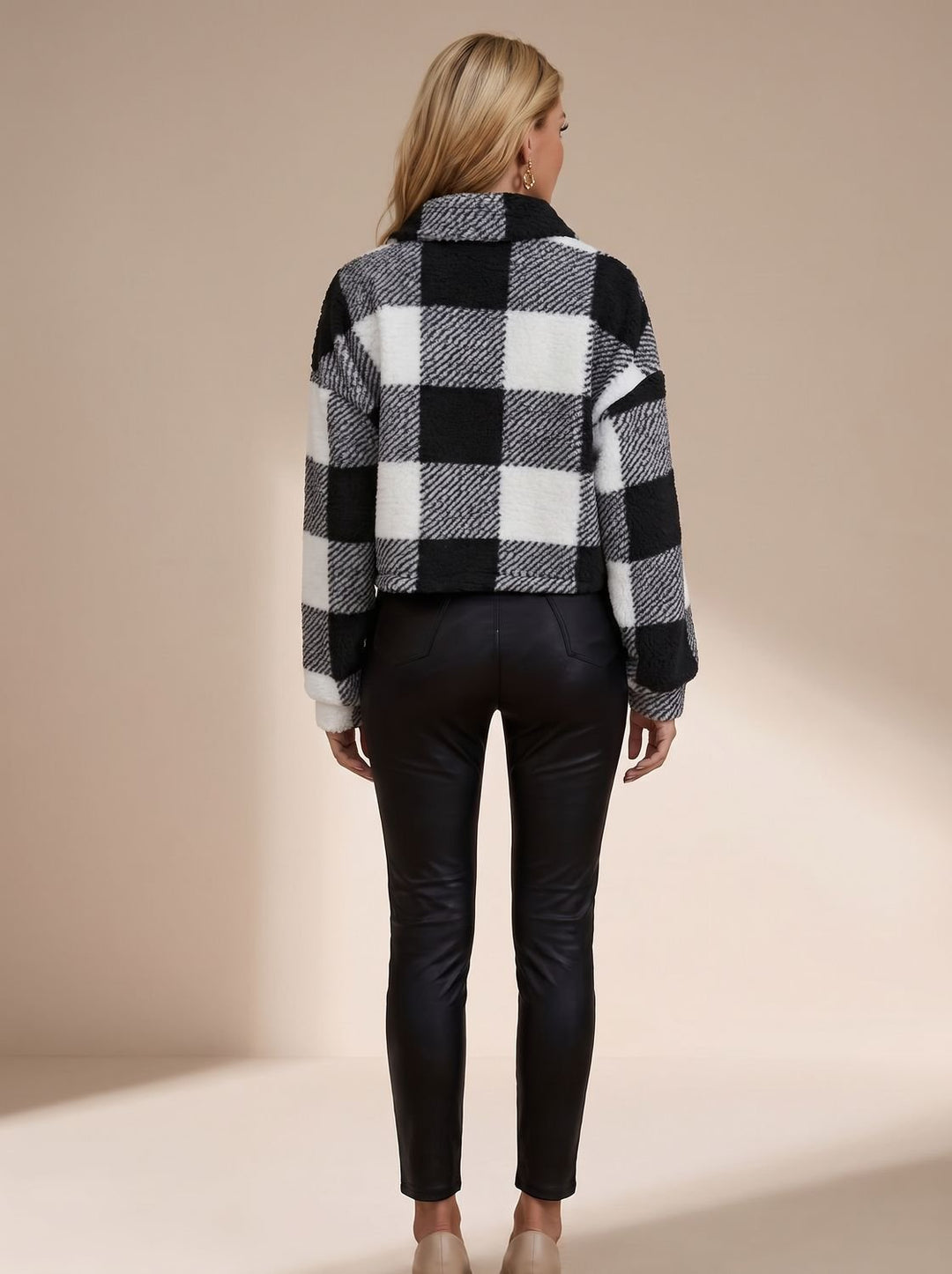 Dames Winterjas Teddy Geblokt Cropped (8)
