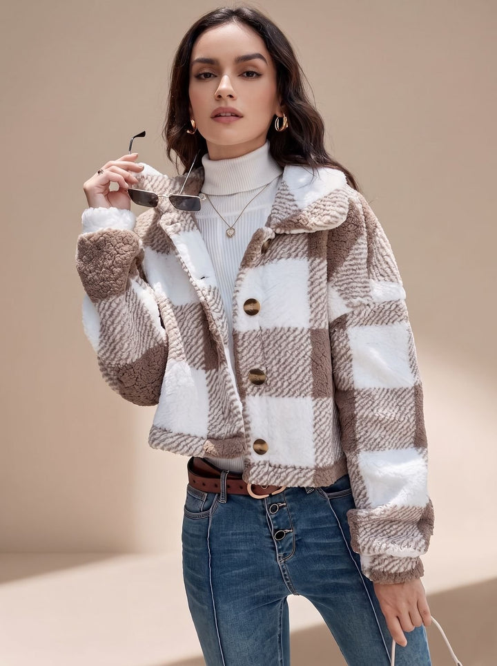 Dames Winterjas Teddy Geblokt Cropped in Bruin
