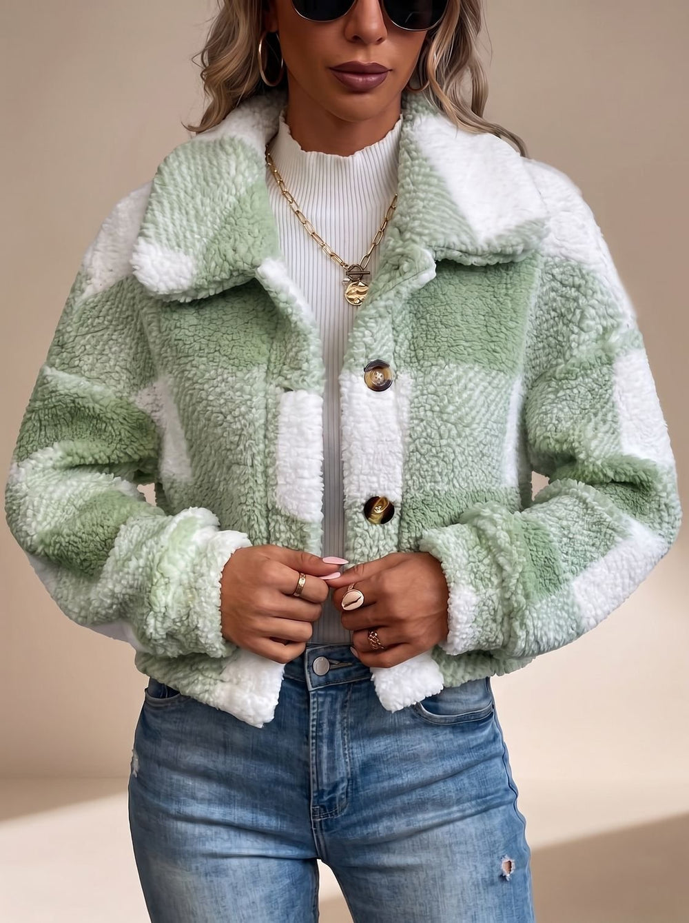 Dames Winterjas Teddy Geblokt Cropped in Groen