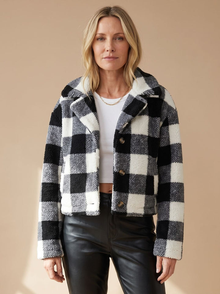 Dames Winterjas Teddy Geblokt Cropped in Zwart