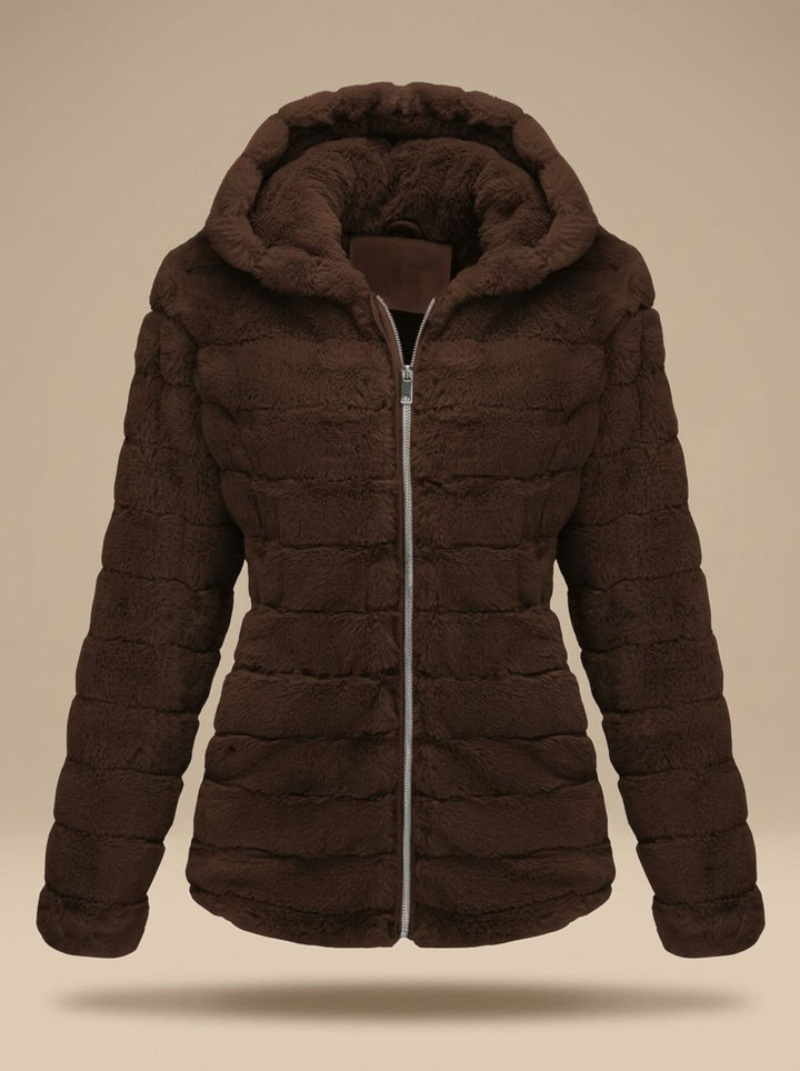Dames Winterjas Teddy Nepbont met Capuchon in Bruin