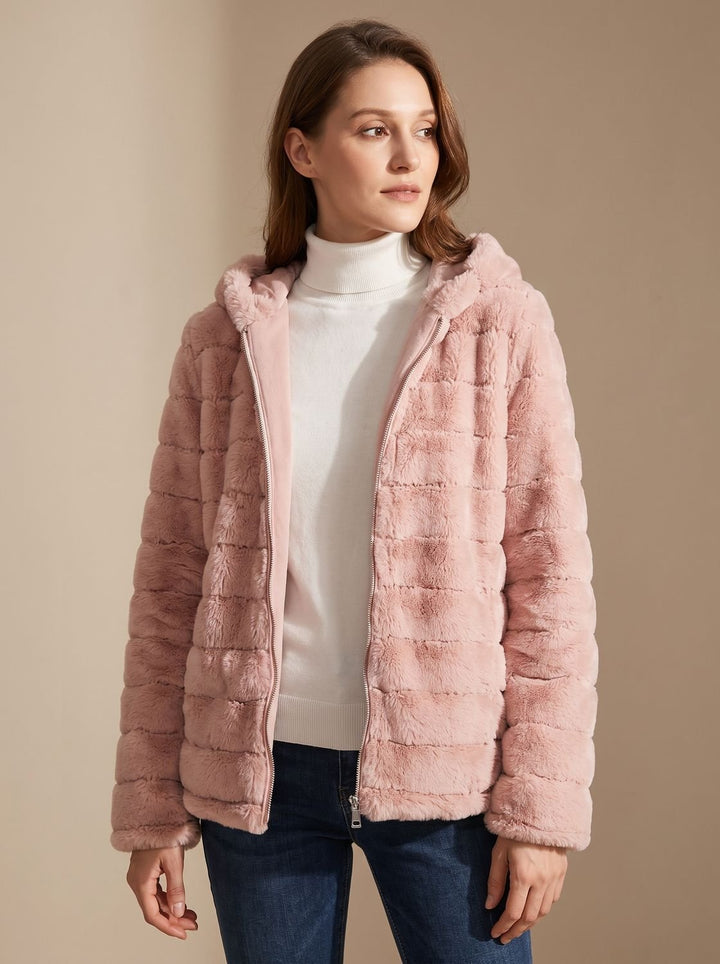 Dames Winterjas Teddy Nepbont met Capuchon in Roze