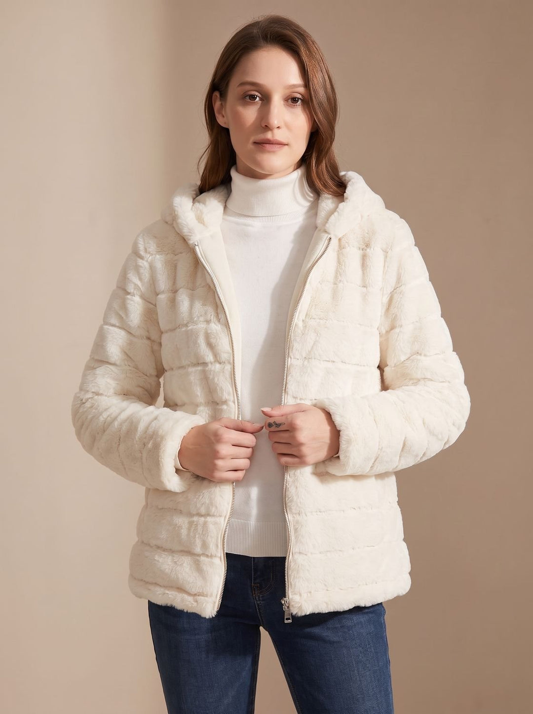Dames Winterjas Teddy Nepbont met Capuchon in Wit