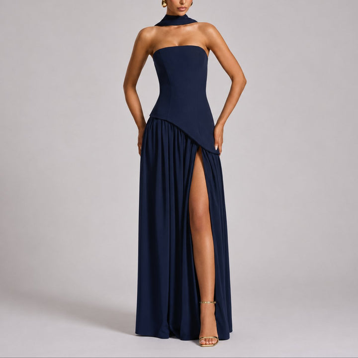Damse Maxi Jurk Bruiloftsgast voor de Herfst in Marineblauw