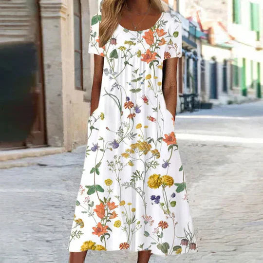 Elegante dames midi zomerjurk met bloemenprint in Wit
