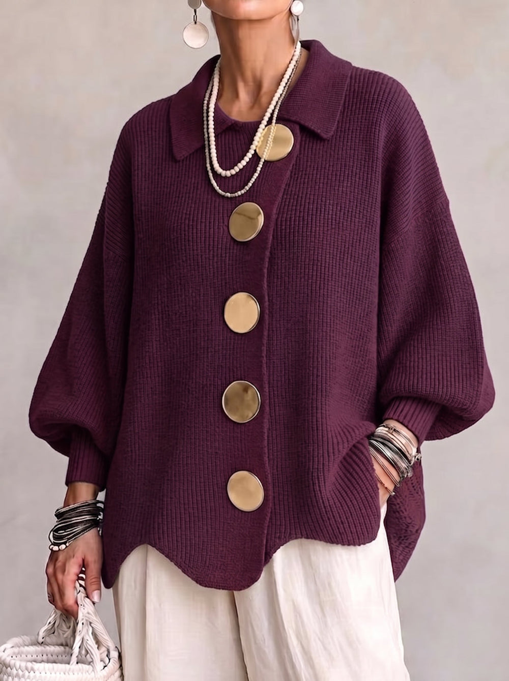 Elegante Dames Trui in Oversized Snit met Knopen in Burgund